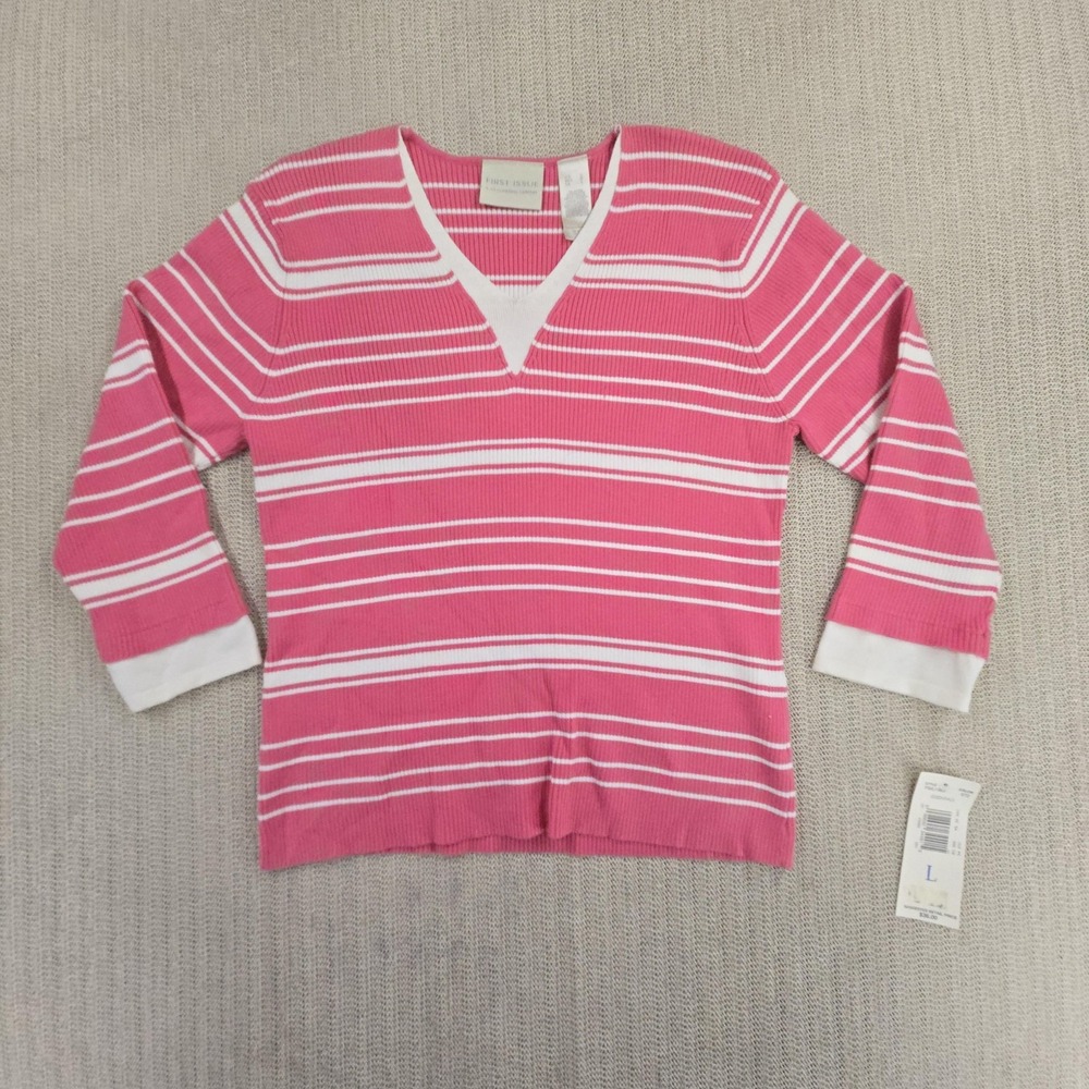 First Issue Sweater Womens Large Pink White Stripe V Neck 3/4 Sleeve Lightweight
